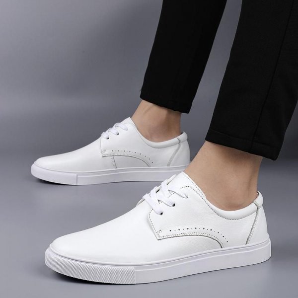 Men's Fashion Genuine Leather Wear-resistant Non-slip Skate Shoes Solid Color Casual Sneakers, White