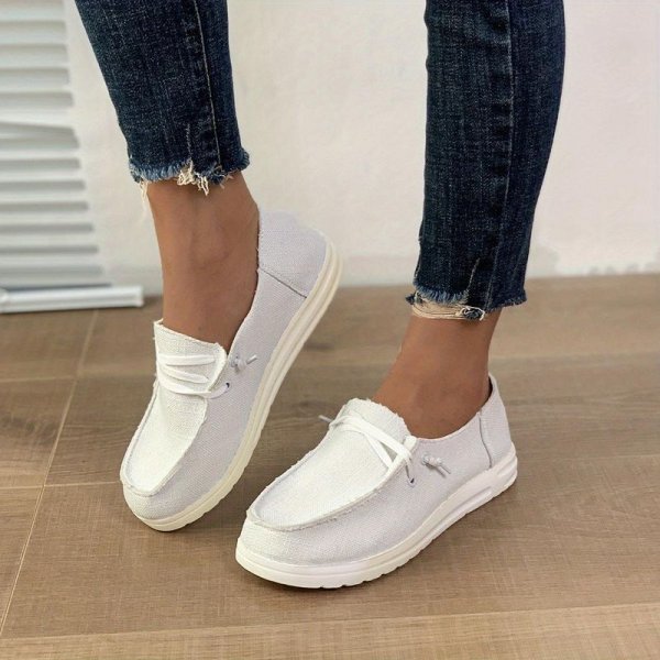 Women's Casual Lace Up Flat Loafers, Breathable Round Toe Canvas Walking Sneakers, Low Top Slip On Shoes