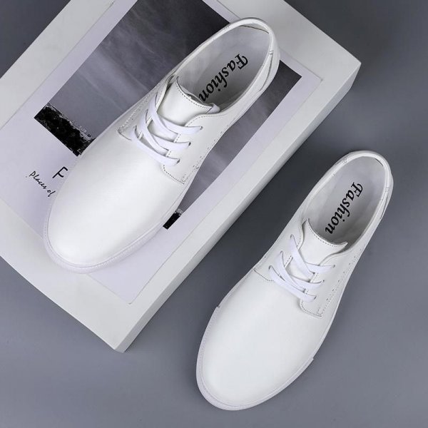 Men's Fashion Genuine Leather Wear-resistant Non-slip Skate Shoes Solid Color Casual Sneakers, White