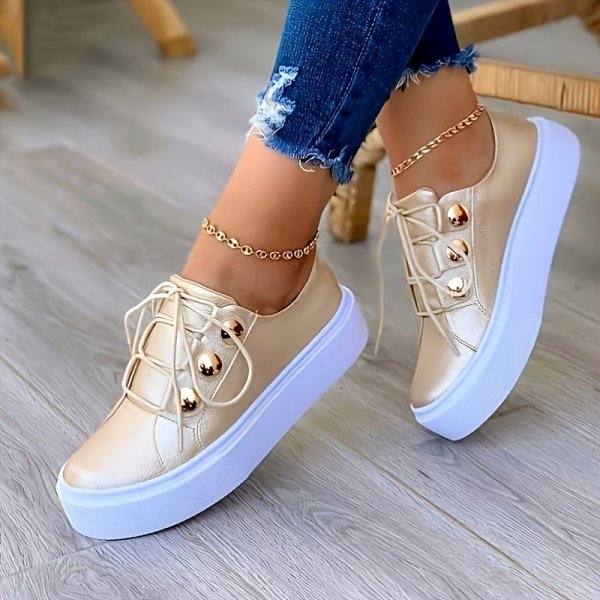 Women's Stylish Casual Sneakers - Lace Up Low Top Plain Toe Lightweight Shoes for Comfort and Style